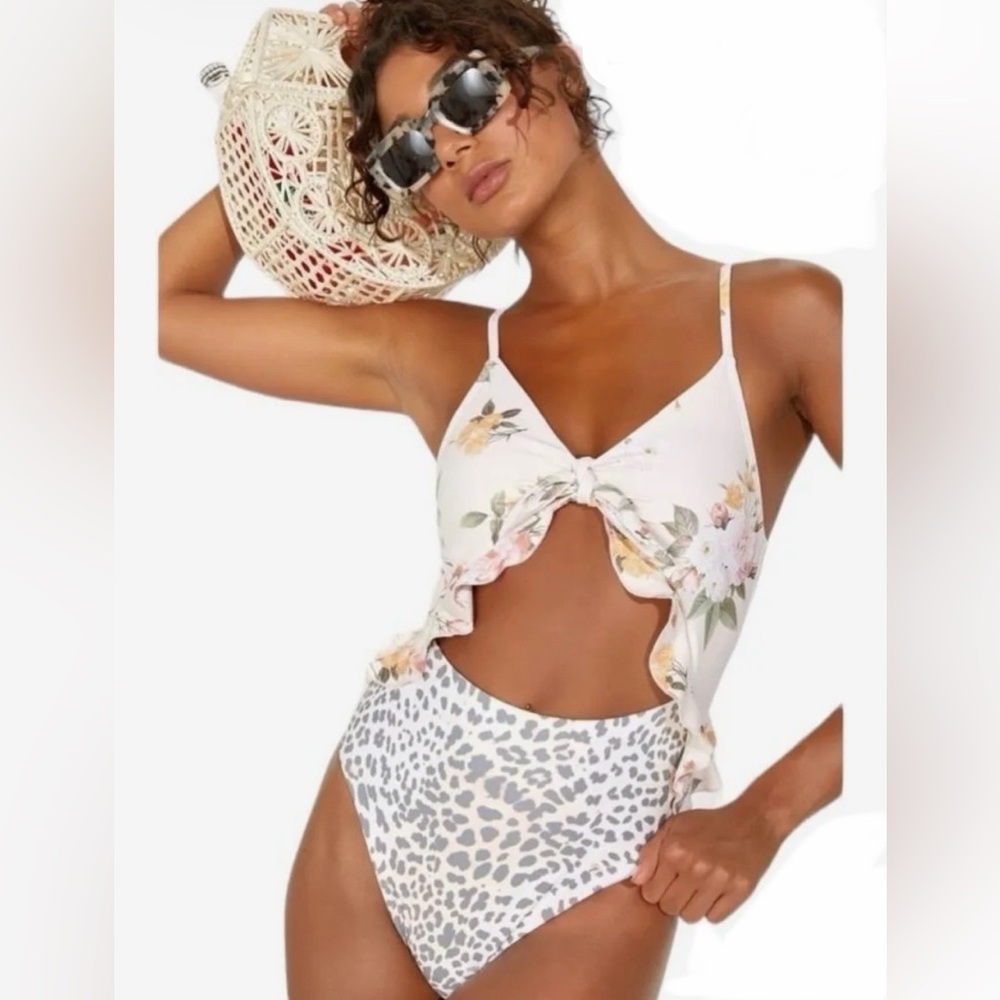 P2F Carly Blush Floral-Leopard Print Cutout One-Piece Swimsuit Monokini NWT S